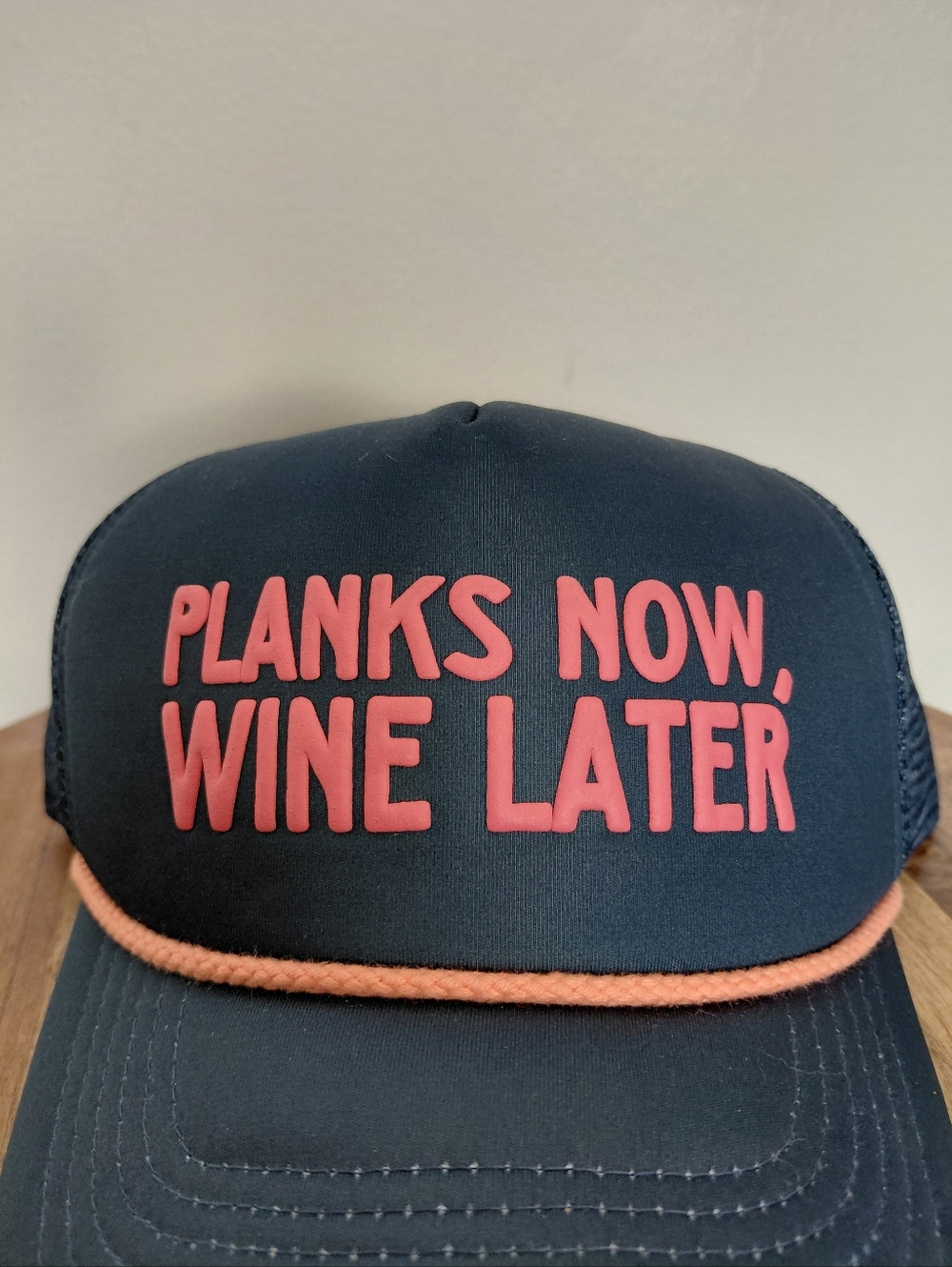 Daily Practice Planks Now Wine Later Funny Navy Blue/Black Trucker Hat OS - Picture 2 of 6